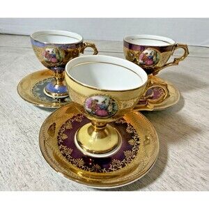 3 Royal Vienna Courting Couple Demitasse Cup Saucer Pedestal Hand Painted 11/620